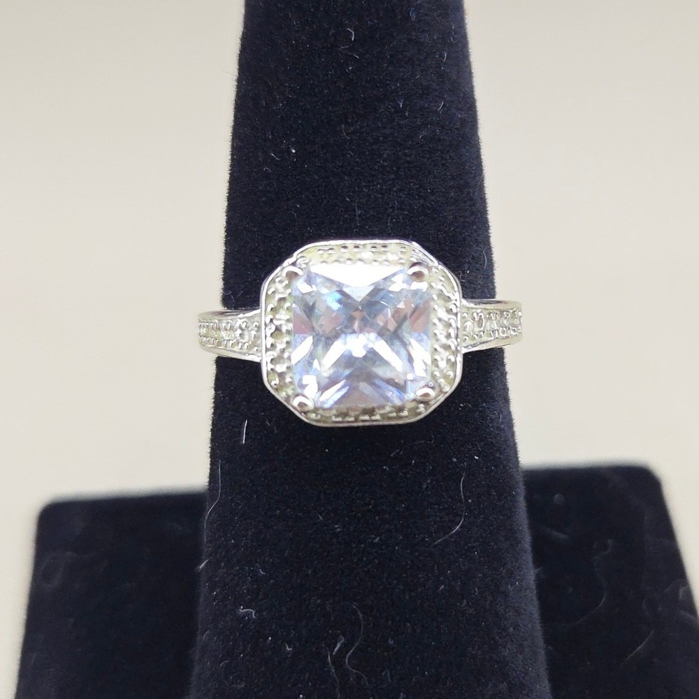 Silver Tone Princess Cut Faux Halo Cubic Zirconia Cocktail Ring Size 7.5